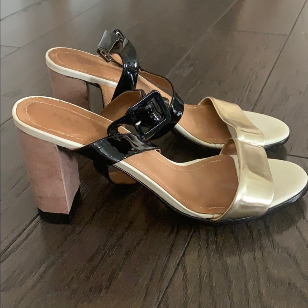 Masiero block heel gold black patent leather